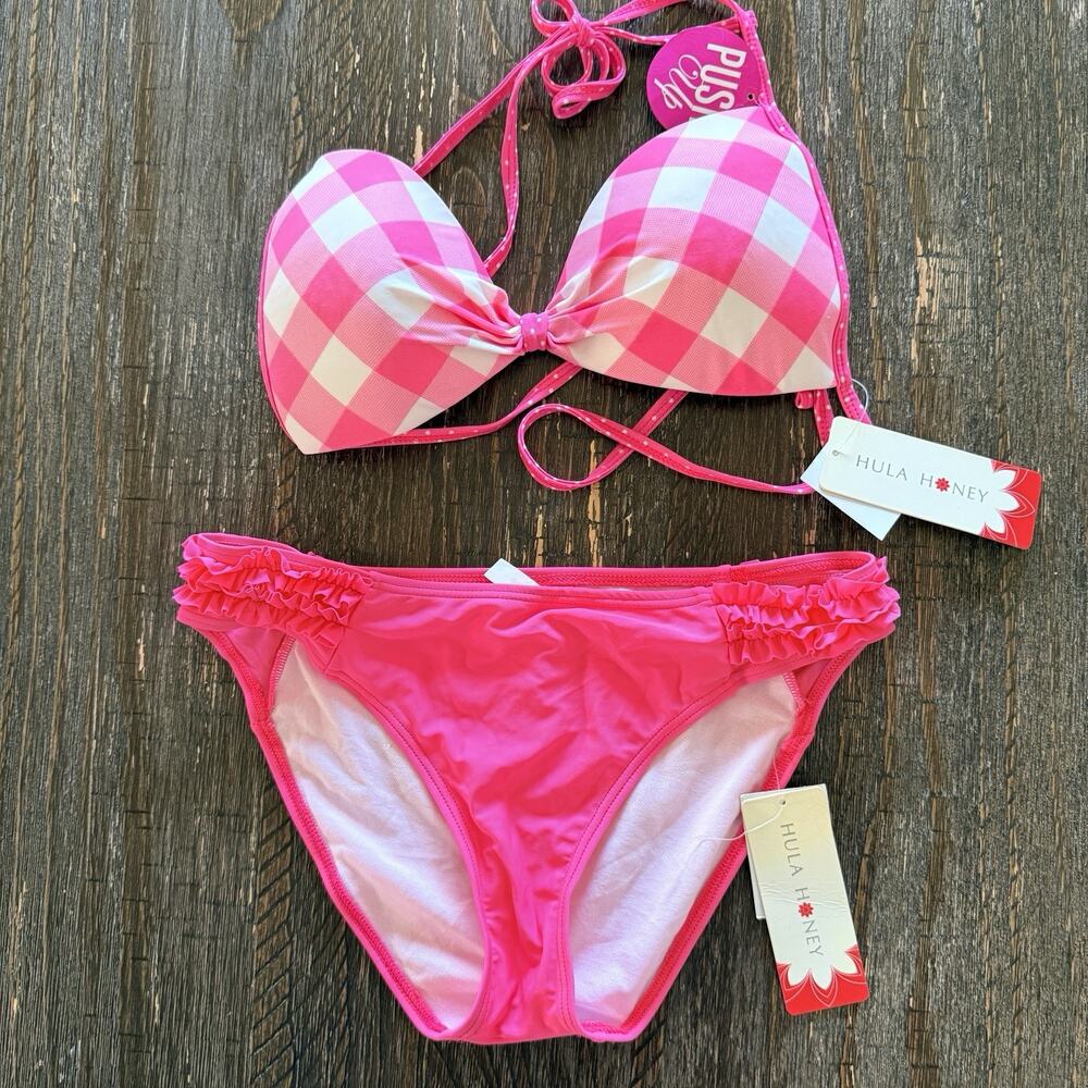 NWT Hula Honey Pink Bikini Set Checkered Top Bottom W/Ruffled Sides Barbie Swim